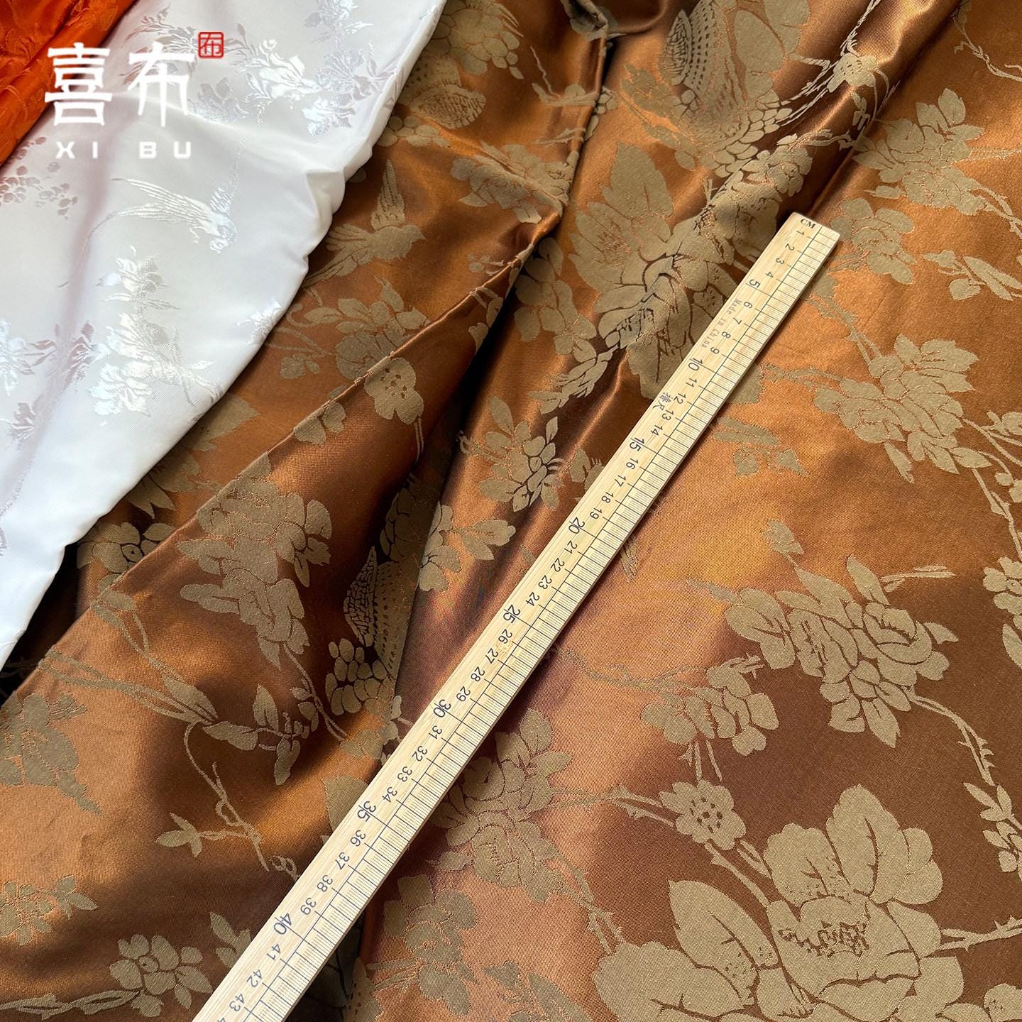 Orange Lotus Bird Jacquard Fabric – Silk Rayon Blend, 58" Wide