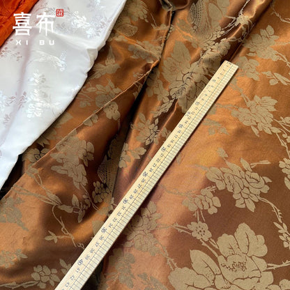 Orange Lotus Bird Jacquard Fabric – Silk Rayon Blend, 58" Wide