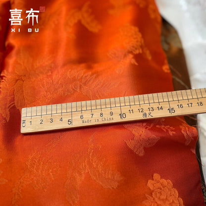 Orange Lotus Bird Jacquard Fabric – Silk Rayon Blend, 58" Wide
