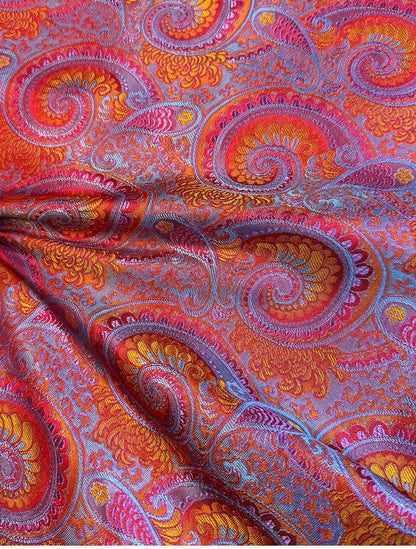 Red Chrysanthemum Brocade Fabric – Shimmering Pipa Pattern, 57" Wide