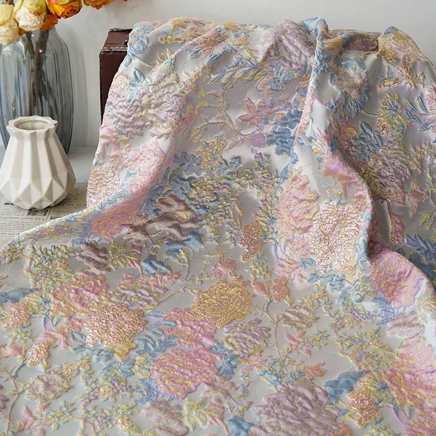 Floral Jacquard Fabric – Gold Embellished, 58" Wide