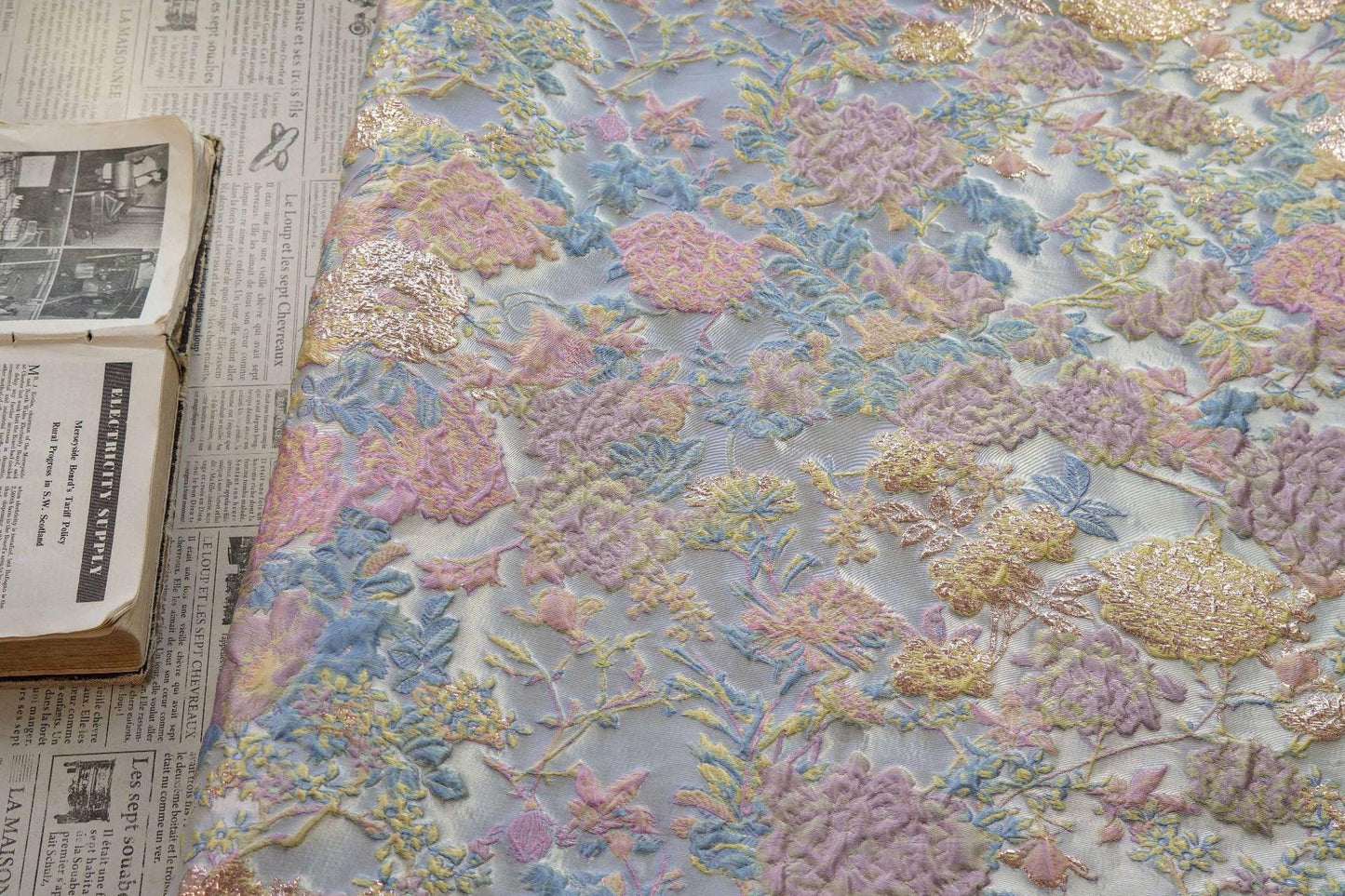 Floral Jacquard Fabric – Gold Embellished, 58" Wide