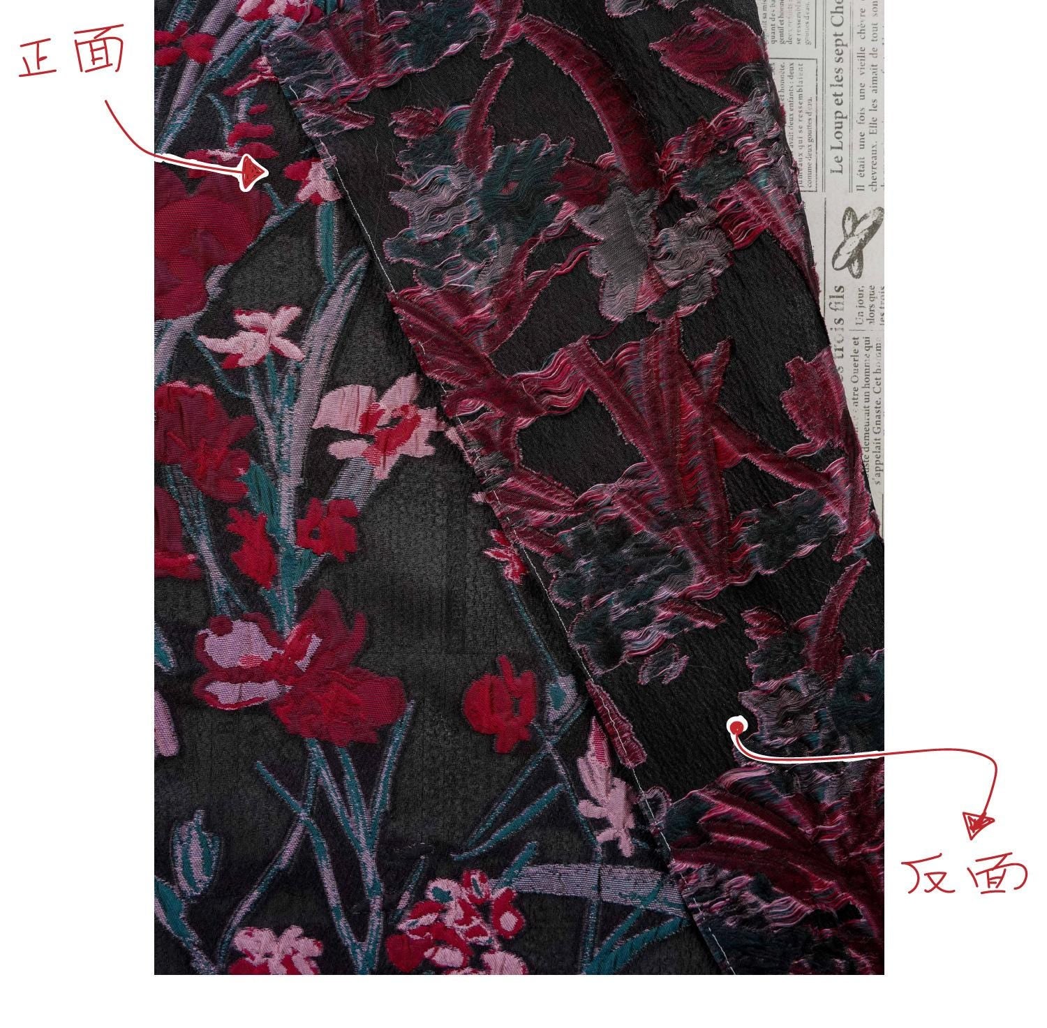 Floral Jacquard Fabric, Retro Black Red Embossed Material, 56" Wide