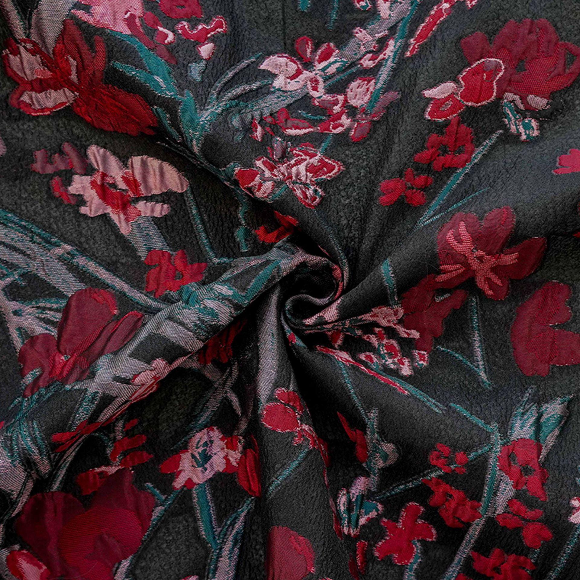 Floral Jacquard Fabric, Retro Black Red Embossed Material, 56" Wide