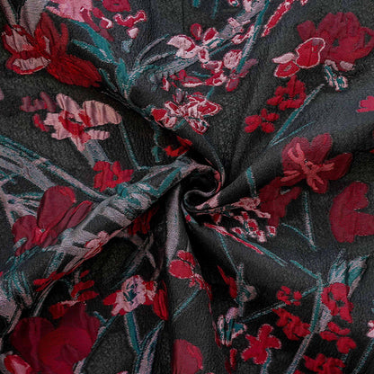 Floral Jacquard Fabric, Retro Black Red Embossed Material, 56" Wide