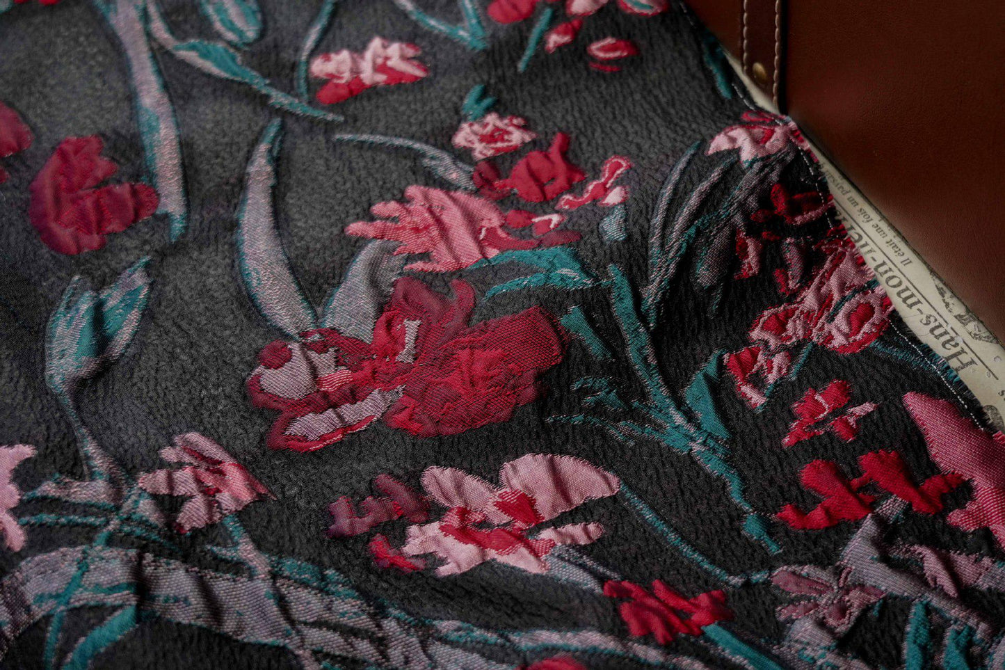 Floral Jacquard Fabric, Retro Black Red Embossed Material, 56" Wide