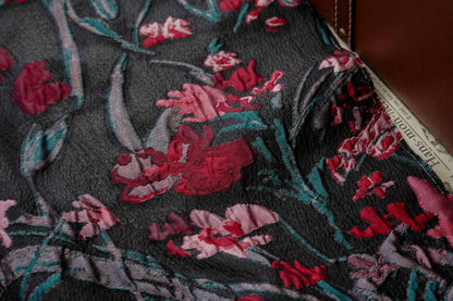 Floral Jacquard Fabric, Retro Black Red Embossed Material, 56" Wide