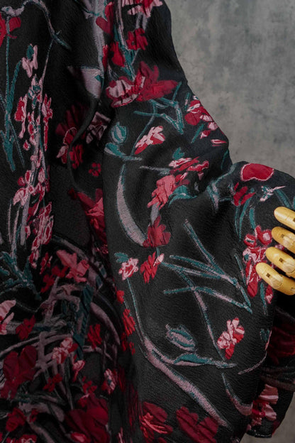 Floral Jacquard Fabric, Retro Black Red Embossed Material, 56" Wide