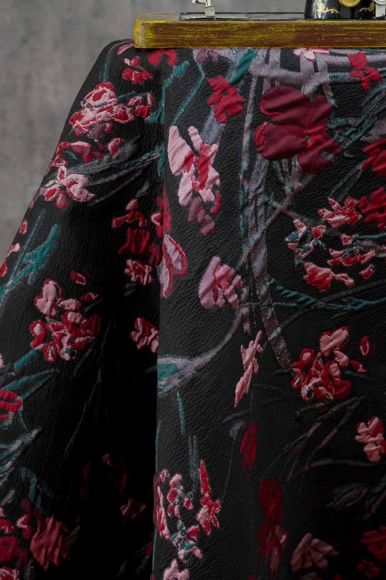 Floral Jacquard Fabric, Retro Black Red Embossed Material, 56" Wide