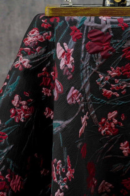 Floral Jacquard Fabric, Retro Black Red Embossed Material, 56" Wide