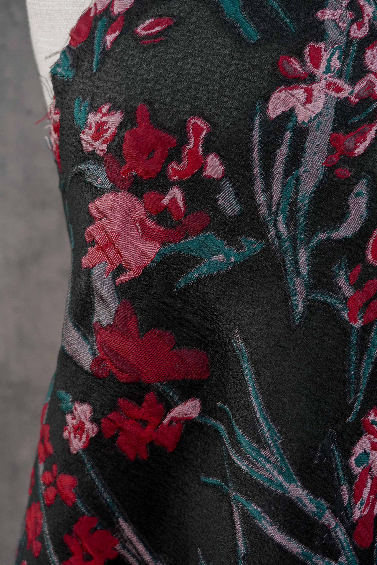 Floral Jacquard Fabric, Retro Black Red Embossed Material, 56" Wide
