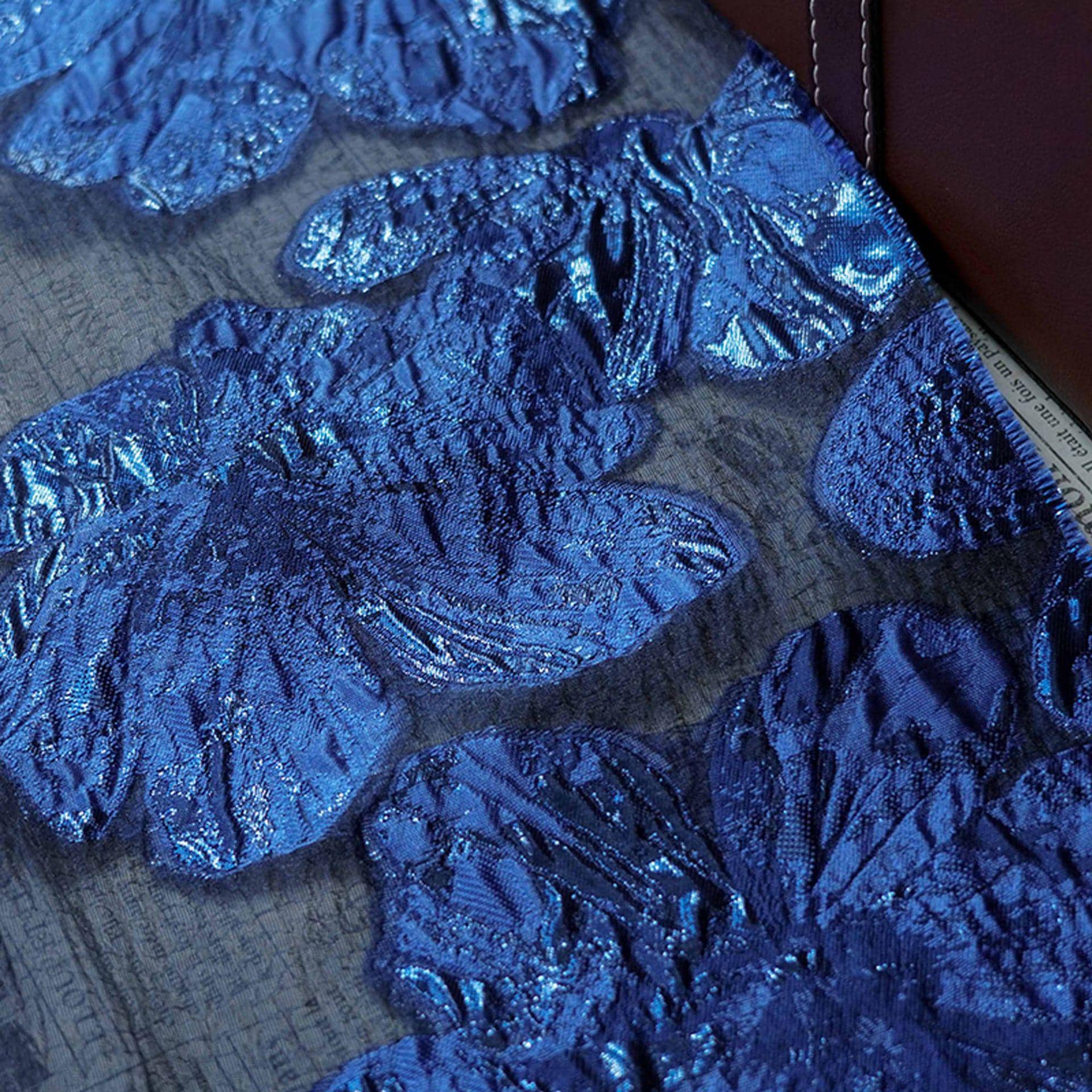 Embossed Floral Jacquard Fabric – Deep Blue Sheer Textile, 55" Wide