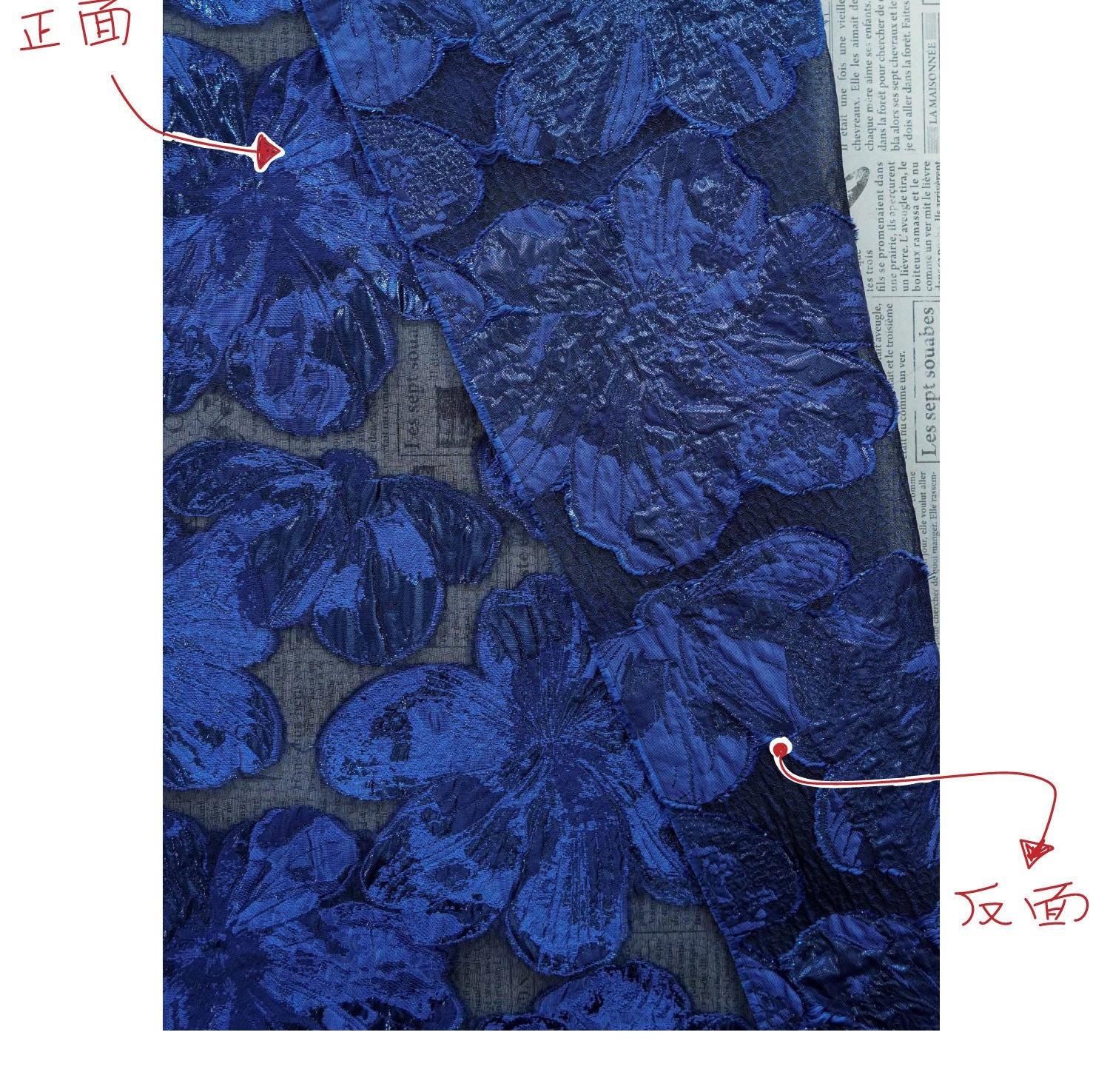 Embossed Floral Jacquard Fabric – Deep Blue Sheer Textile, 55" Wide