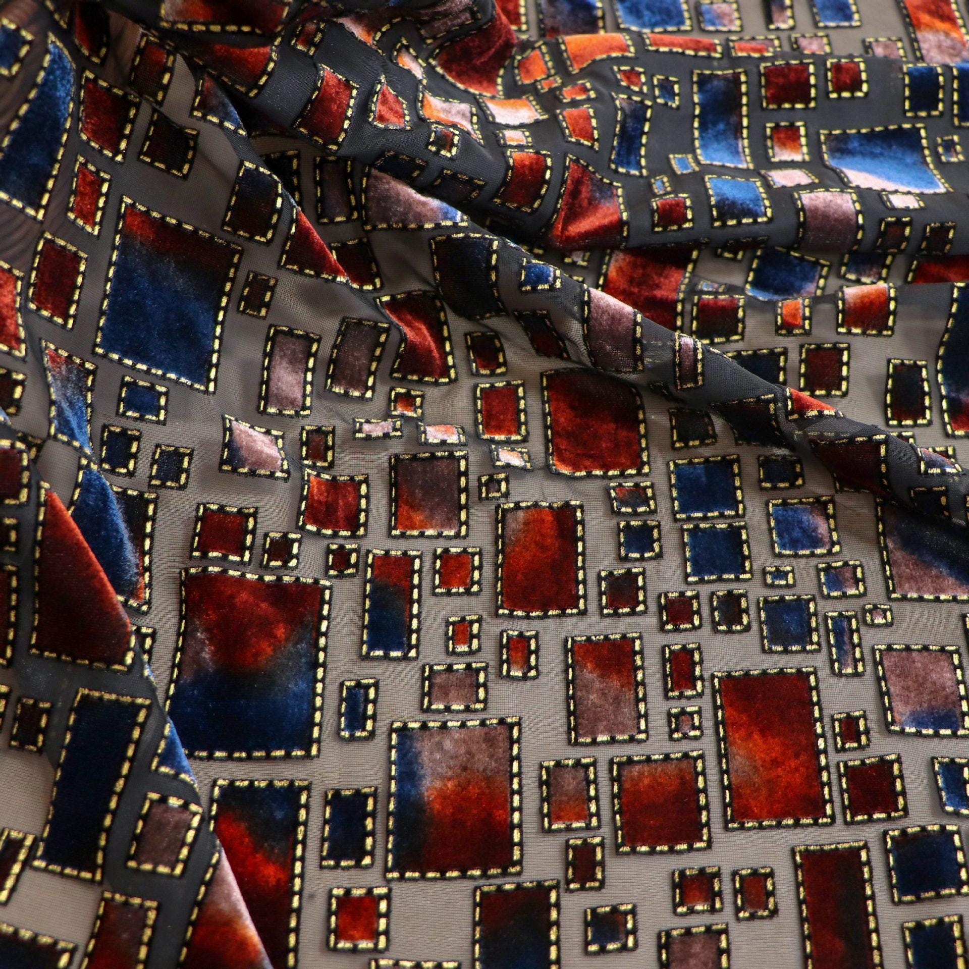 Burnout Velvet Fabric Gold Foil Print | Floral Viscose for Qipao Dress Sewing - Poppylollipop