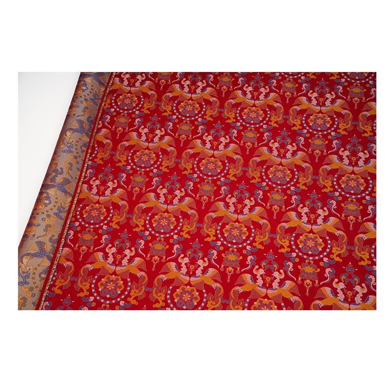 Red Song Brocade Fabric Double Bird Jacquard Satin Ethnic Tibetan Mongolian Traditional Silk Damask Costume Upholstery Fabric Luxury Textile - Poppylollipop