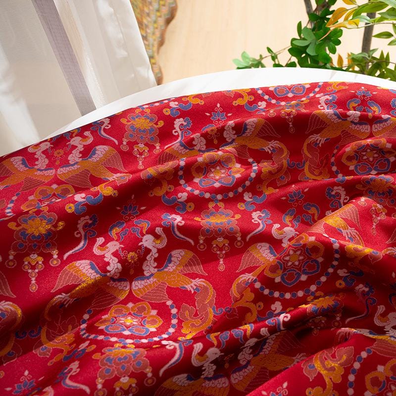 Red Song Brocade Fabric Double Bird Jacquard Satin Ethnic Tibetan Mongolian Traditional Silk Damask Costume Upholstery Fabric Luxury Textile - Poppylollipop