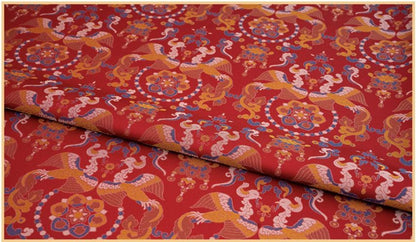 Red Song Brocade Fabric Double Bird Jacquard Satin Ethnic Tibetan Mongolian Traditional Silk Damask Costume Upholstery Fabric Luxury Textile - Poppylollipop