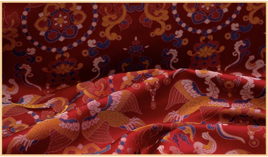 Red Song Brocade Fabric Double Bird Jacquard Satin Ethnic Tibetan Mongolian Traditional Silk Damask Costume Upholstery Fabric Luxury Textile - Poppylollipop