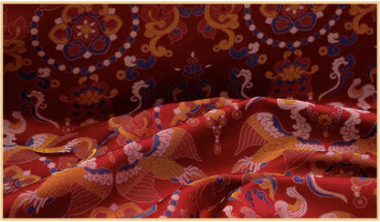 Red Song Brocade Fabric Double Bird Jacquard Satin Ethnic Tibetan Mongolian Traditional Silk Damask Costume Upholstery Fabric Luxury Textile - Poppylollipop