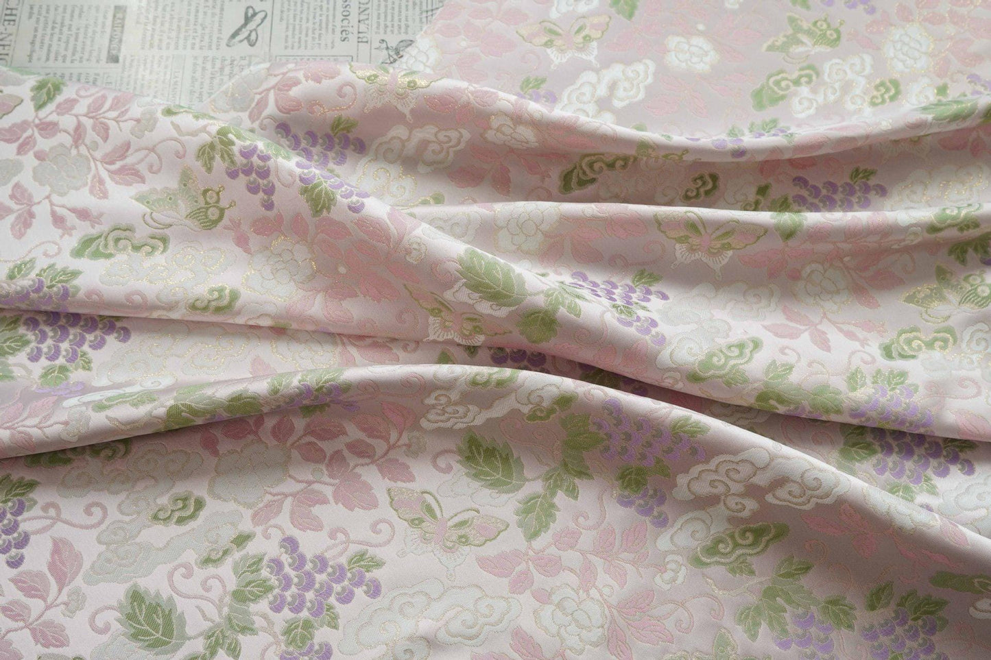 Grape Butterfly song Brocade Fabric, Luxury Gold Thread Jacquard, Premium Oriental Silk Woven Textile for Couture & Sewing - 1 Meter - Poppylollipop