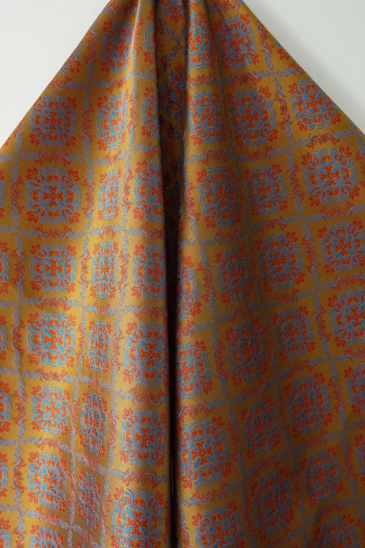 Rhombus Floral Brocade Fabric Rayon Silk Jacquard Damask Fabric Xianghua Pattern Textile for Costume Upholstery Cheongsam Craft Fabric - Poppylollipop