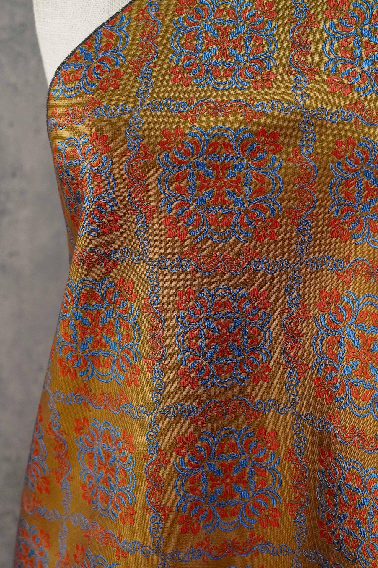 Rhombus Floral Brocade Fabric Rayon Silk Jacquard Damask Fabric Xianghua Pattern Textile for Costume Upholstery Cheongsam Craft Fabric - Poppylollipop