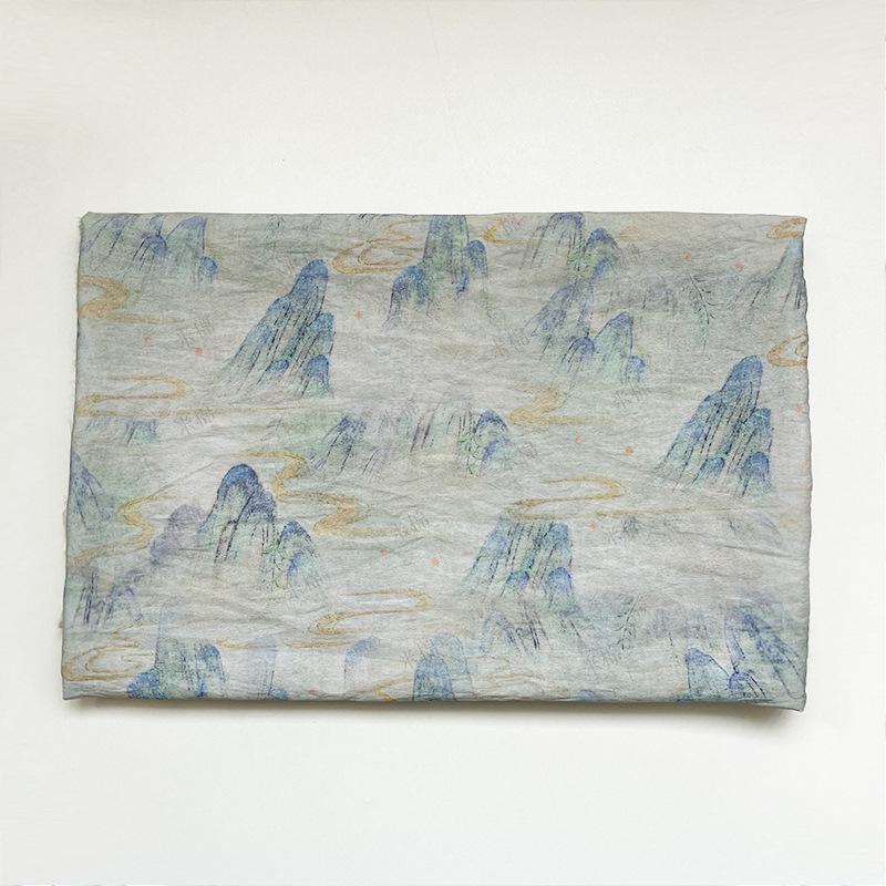 Misty Mountain Ink Wash Print Cotton Fabric By The Yard | Chinese Landscape Painting Blue Green | Hanfu Dress Qipao Cottagecore Sewing - Poppylollipop