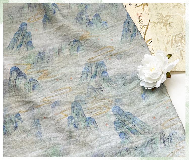 Misty Mountain Ink Wash Print Cotton Fabric By The Yard | Chinese Landscape Painting Blue Green | Hanfu Dress Qipao Cottagecore Sewing - Poppylollipop