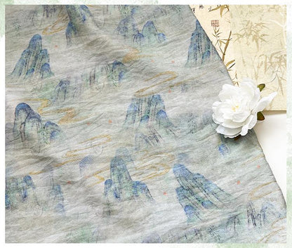 Misty Mountain Ink Wash Print Cotton Fabric By The Yard | Chinese Landscape Painting Blue Green | Hanfu Dress Qipao Cottagecore Sewing - Poppylollipop