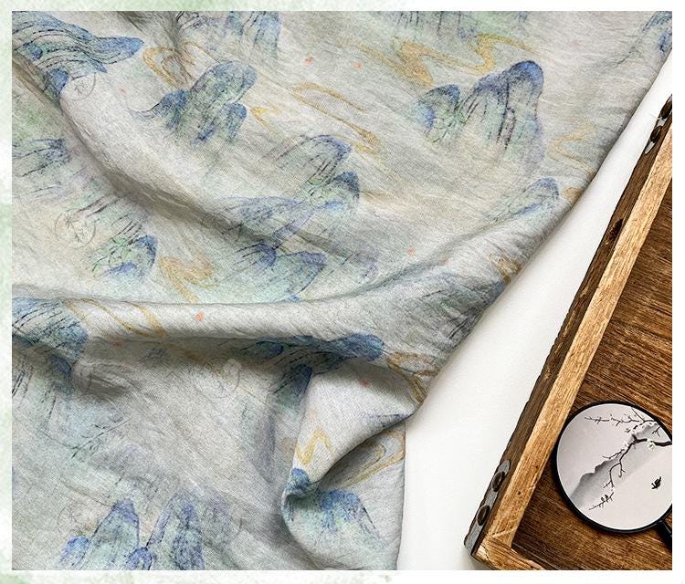 Misty Mountain Ink Wash Print Cotton Fabric By The Yard | Chinese Landscape Painting Blue Green | Hanfu Dress Qipao Cottagecore Sewing - Poppylollipop