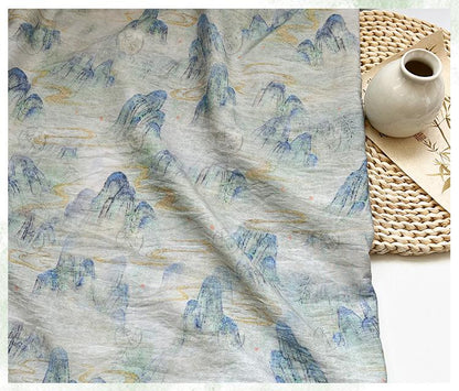 Misty Mountain Ink Wash Print Cotton Fabric By The Yard | Chinese Landscape Painting Blue Green | Hanfu Dress Qipao Cottagecore Sewing - Poppylollipop