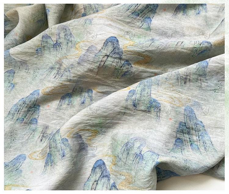 Misty Mountain Ink Wash Print Cotton Fabric By The Yard | Chinese Landscape Painting Blue Green | Hanfu Dress Qipao Cottagecore Sewing - Poppylollipop