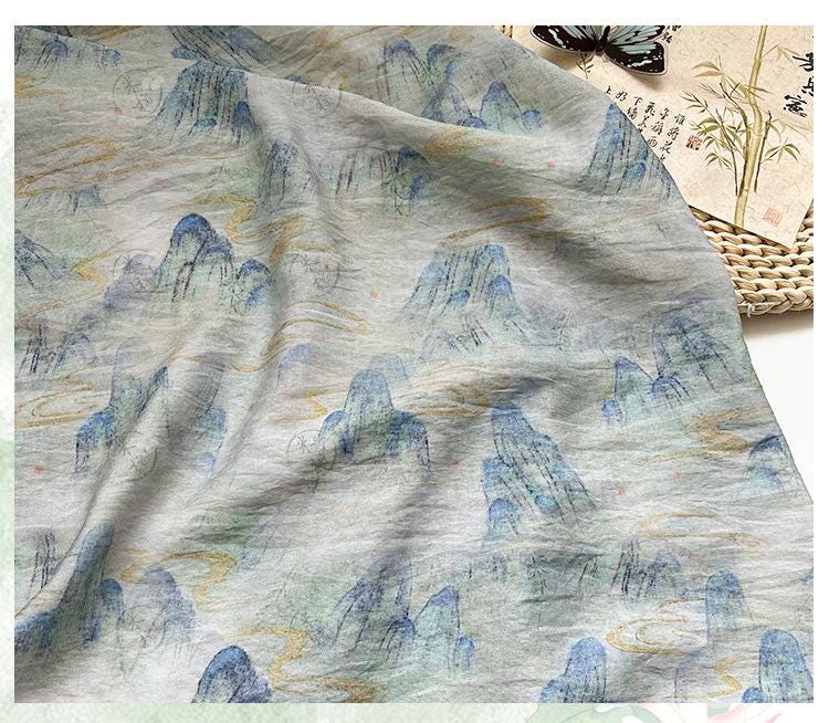 Misty Mountain Ink Wash Print Cotton Fabric By The Yard | Chinese Landscape Painting Blue Green | Hanfu Dress Qipao Cottagecore Sewing - Poppylollipop