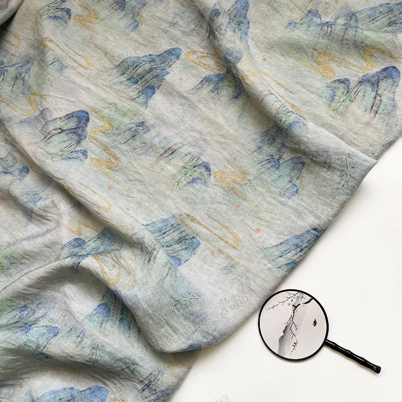 Misty Mountain Ink Wash Print Cotton Fabric By The Yard | Chinese Landscape Painting Blue Green | Hanfu Dress Qipao Cottagecore Sewing - Poppylollipop