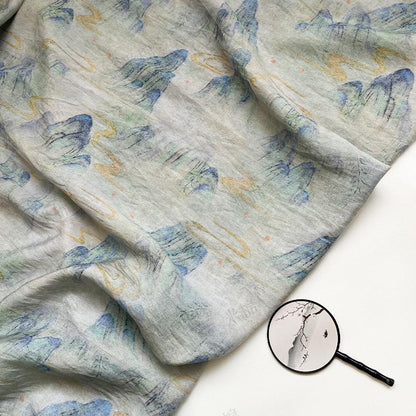 Misty Mountain Ink Wash Print Cotton Fabric By The Yard | Chinese Landscape Painting Blue Green | Hanfu Dress Qipao Cottagecore Sewing - Poppylollipop