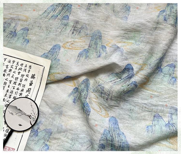 Misty Mountain Ink Wash Print Cotton Fabric By The Yard | Chinese Landscape Painting Blue Green | Hanfu Dress Qipao Cottagecore Sewing - Poppylollipop