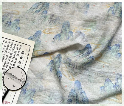 Misty Mountain Ink Wash Print Cotton Fabric By The Yard | Chinese Landscape Painting Blue Green | Hanfu Dress Qipao Cottagecore Sewing - Poppylollipop