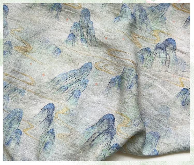 Misty Mountain Ink Wash Print Cotton Fabric By The Yard | Chinese Landscape Painting Blue Green | Hanfu Dress Qipao Cottagecore Sewing - Poppylollipop