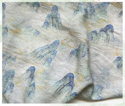 Misty Mountain Ink Wash Print Cotton Fabric By The Yard | Chinese Landscape Painting Blue Green | Hanfu Dress Qipao Cottagecore Sewing - Poppylollipop