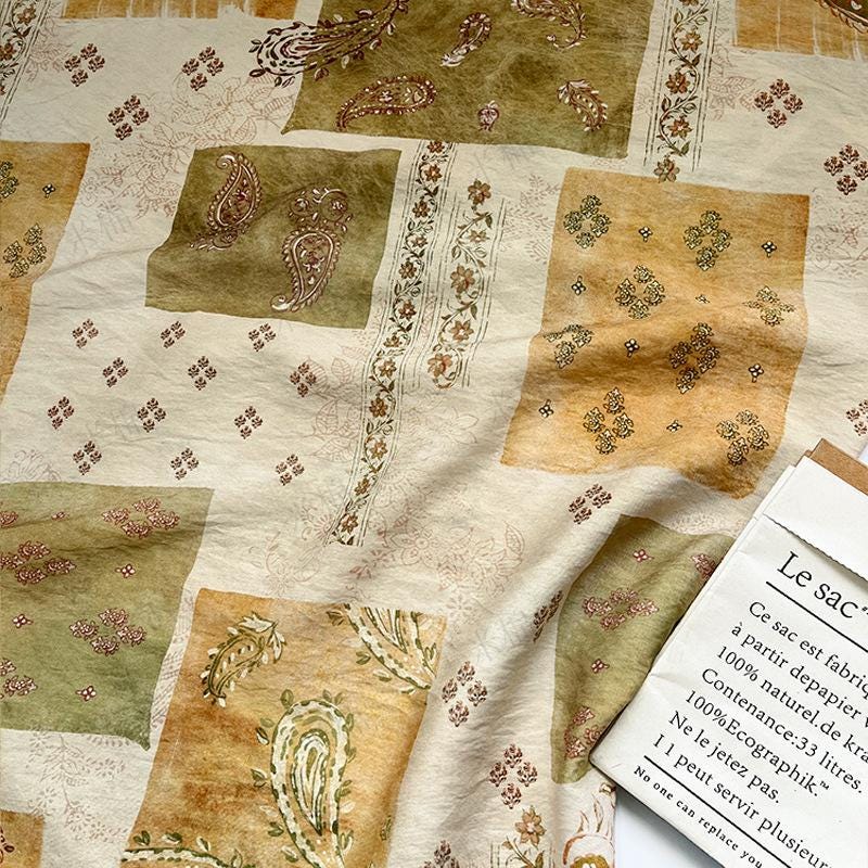 Vintage Paisley Patchwork Print Cotton Fabric By The Yard | Earthy Green Gold Boho Floral | Dress Blouse Quilting Cottagecore Sewing - Poppylollipop
