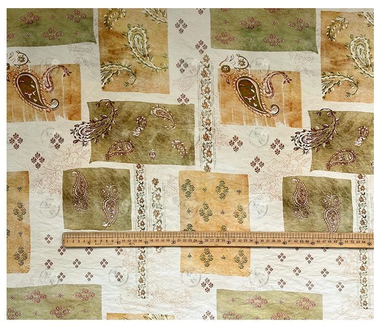 Vintage Paisley Patchwork Print Cotton Fabric By The Yard | Earthy Green Gold Boho Floral | Dress Blouse Quilting Cottagecore Sewing - Poppylollipop