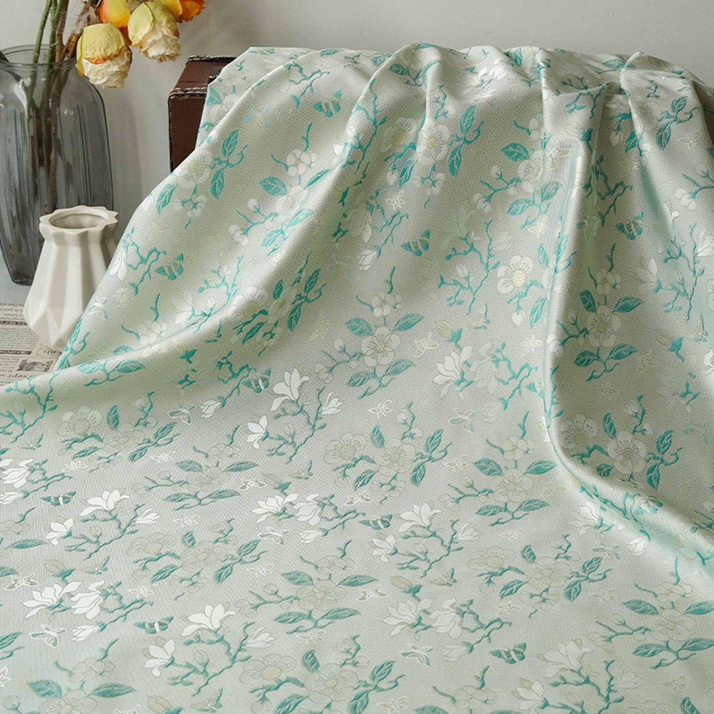Mint Green Magnolia Butterfly Jacquard Fabric By The Yard | White Gold Floral Woven Brocade | Dress Qipao Curtain Home Décor Sewing - Poppylollipop