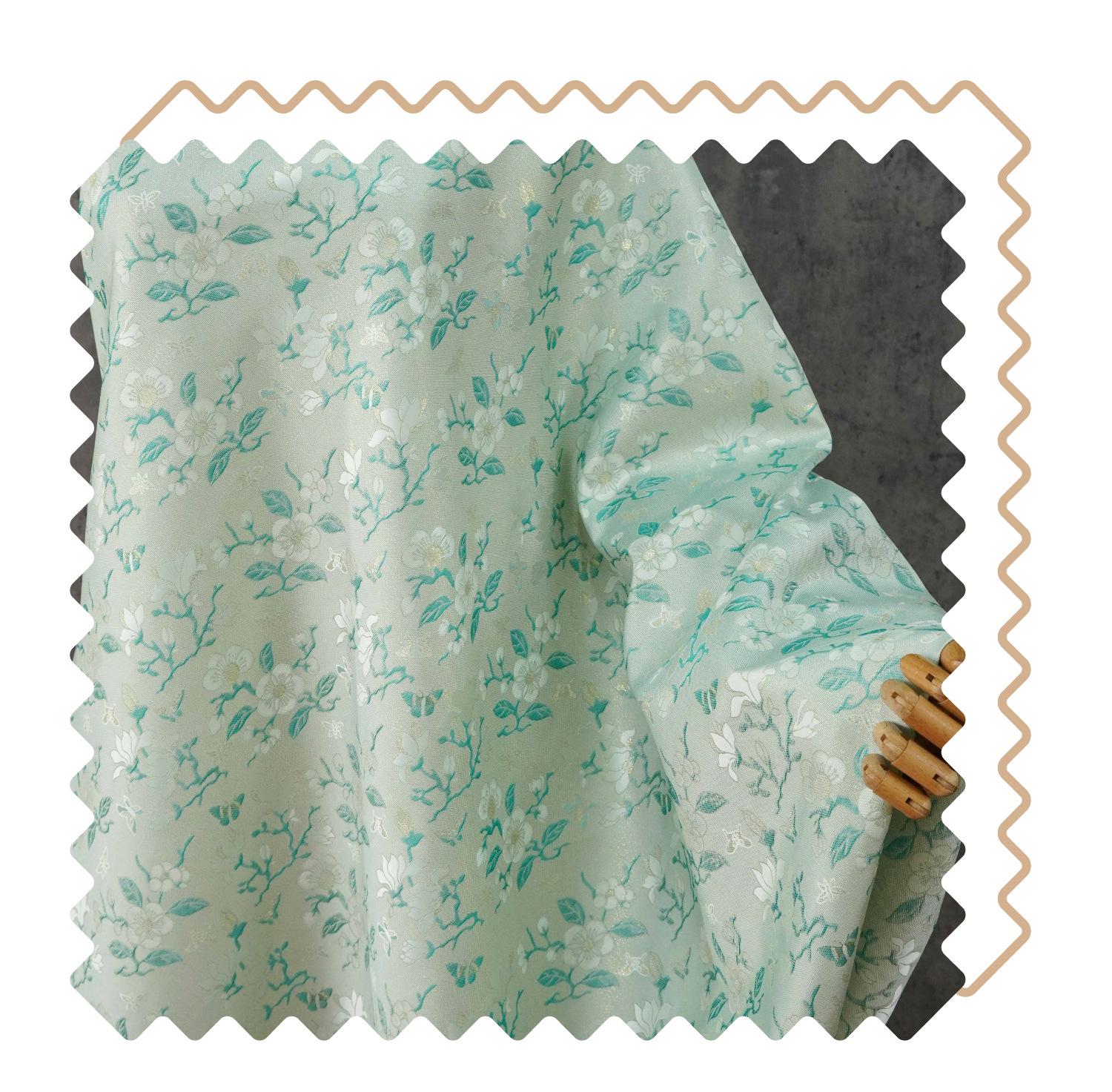 Mint Green Magnolia Butterfly Jacquard Fabric By The Yard | White Gold Floral Woven Brocade | Dress Qipao Curtain Home Décor Sewing - Poppylollipop