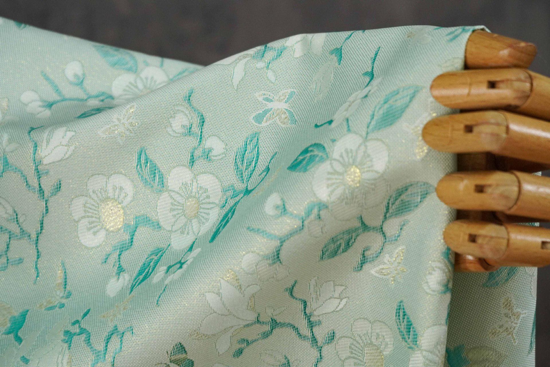 Mint Green Magnolia Butterfly Jacquard Fabric By The Yard | White Gold Floral Woven Brocade | Dress Qipao Curtain Home Décor Sewing - Poppylollipop