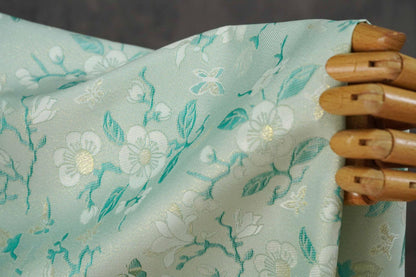 Mint Green Magnolia Butterfly Jacquard Fabric By The Yard | White Gold Floral Woven Brocade | Dress Qipao Curtain Home Décor Sewing - Poppylollipop