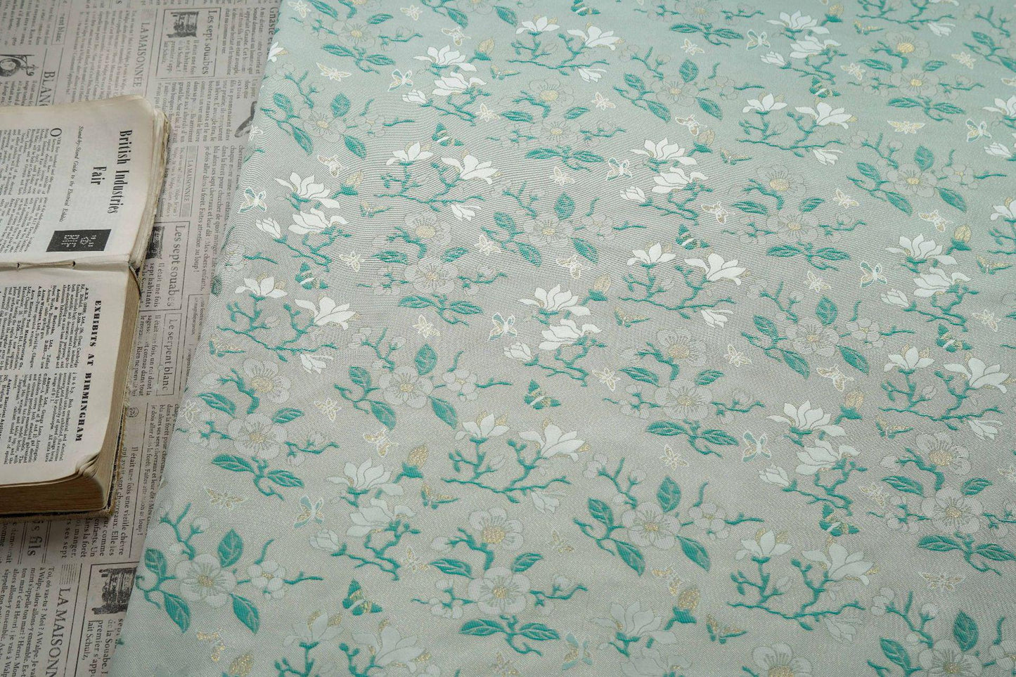 Mint Green Magnolia Butterfly Jacquard Fabric By The Yard | White Gold Floral Woven Brocade | Dress Qipao Curtain Home Décor Sewing - Poppylollipop