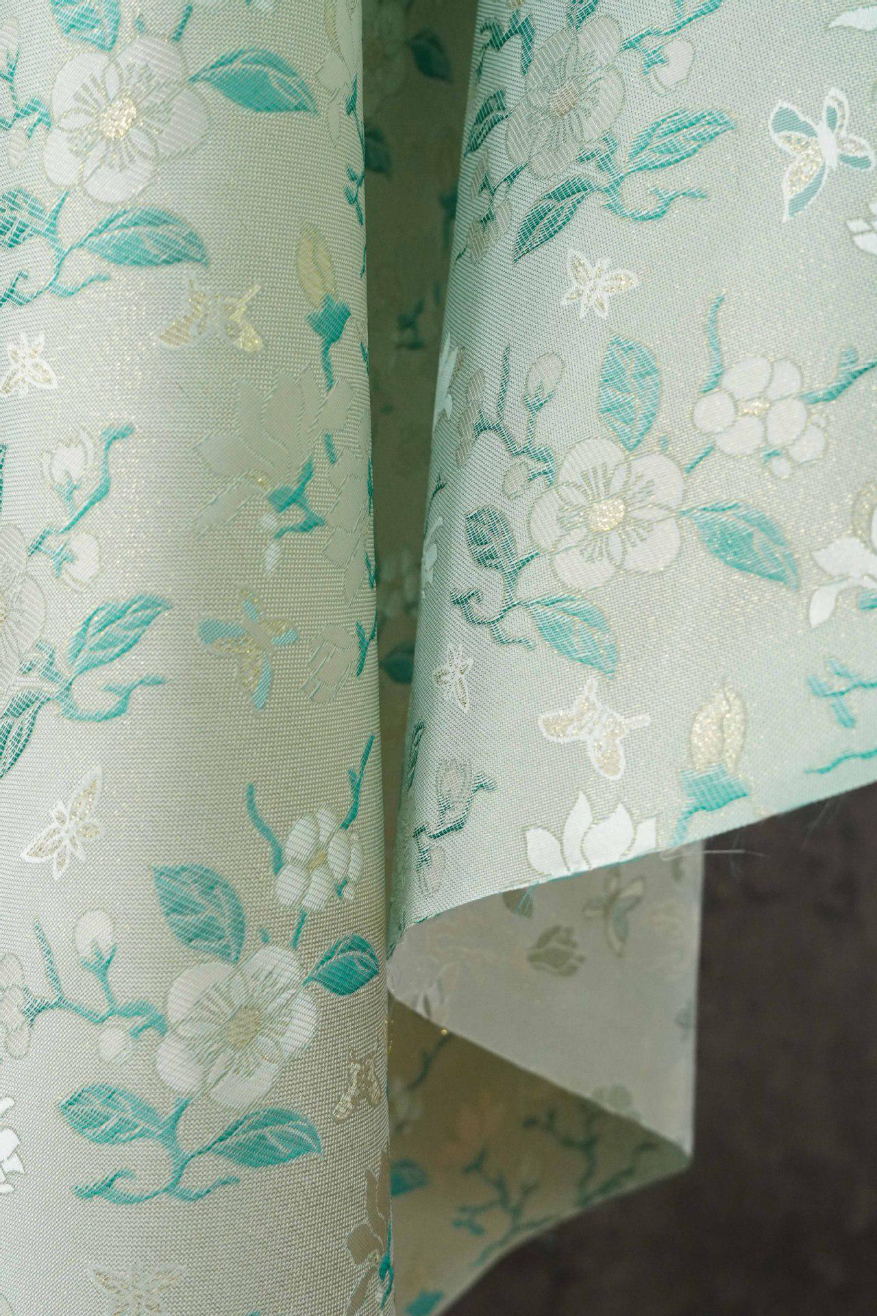 Mint Green Magnolia Butterfly Jacquard Fabric By The Yard | White Gold Floral Woven Brocade | Dress Qipao Curtain Home Décor Sewing - Poppylollipop