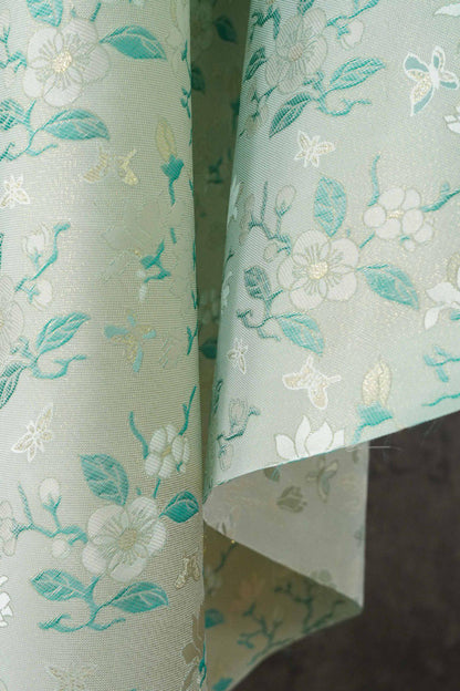 Mint Green Magnolia Butterfly Jacquard Fabric By The Yard | White Gold Floral Woven Brocade | Dress Qipao Curtain Home Décor Sewing - Poppylollipop