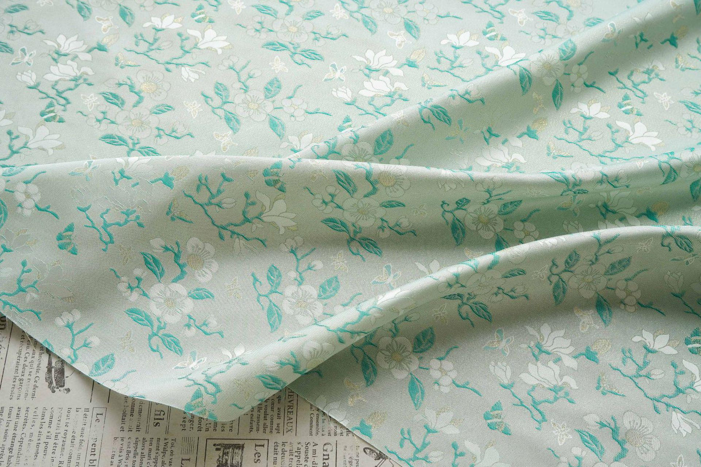 Mint Green Magnolia Butterfly Jacquard Fabric By The Yard | White Gold Floral Woven Brocade | Dress Qipao Curtain Home Décor Sewing - Poppylollipop