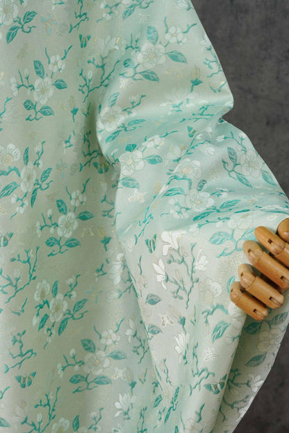Mint Green Magnolia Butterfly Jacquard Fabric By The Yard | White Gold Floral Woven Brocade | Dress Qipao Curtain Home Décor Sewing - Poppylollipop
